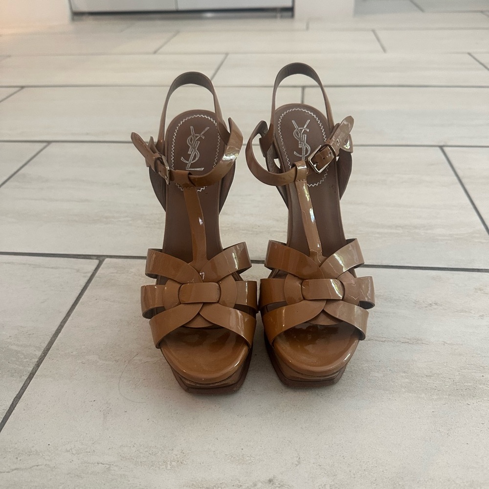 Yves Saint Laurent Tan Tribute 105 Leather Platform Sandal.
